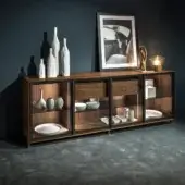 Distinguished Riva 1920 Pandora sideboard crafted in brown wood with expansive glass doors and integrated aluminum frames