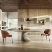 Sophisticated Lago Chapeau oval table in light grey matte finish with cantilevered top and sculptural asymmetrical base