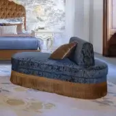 Exquisite Bellotti Ezio 25-1026 chaise lounge in deep blue mottled fabric with golden brown textile fringe and cushion