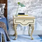 Luxury Bellotti Ezio nightstand with maple base, Carolina pine and shaded pearwood inlays, Taj Mahal marble top plus OCH gold leaf patinated meringue white finish