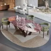 Elegant Cattelan Italia Skorpio table with burgundy marble top veined white cream and matte dark bronze steel base