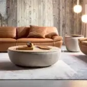 Luxury Ditre Italia Deck coffee table with light‑beige smooth MDF tabletop reflecting matte finish and greige upholstered base