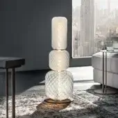 Prestige Cattelan Italia Wanted floor lamp with Venetian glass, white Balloton texture, stacked volumes separated by satin metal discs on a base