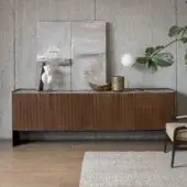 Premium Alivar Bristol sideboard with polished grey-brown stone top ribbed medium-brown wood panels and matte metal frame