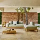 Prestige Varaschin Barcode sectional sofa teak frame honey finish sage green upholstery slatted base layer