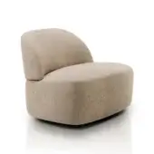Prestige Alivar Dune Lounge chair in neutral beige/taupe upholstered fabric, curved silhouette and dark circular base