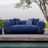 Prestige Gart Mediterraneo sofa deep blue with blue‑and‑white check cushion matte high-performance woven outdoor fabric