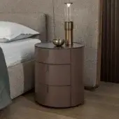 Luxury Alivar Round Nightstand with matte hide‑clad finish in deep brown‑taupe hue and uniform stitching