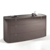 Luxury Alivar Round Dresser with high-end materials, glossy taupe finish, minimalist silhouette with three drawers and metal pulls