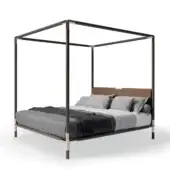 Elegant Alivar Arboré bed with canopy, solid ash wood frame and matte dark chrome joints, warm brown upholstered headboard