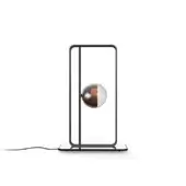 Dark linear frame holds a gradient sphere with a reflective side on a dark flat base
