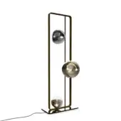Distinguished Reflex Oh floor lamp with dark brass-toned metal, bronze, silver, and gold borosilicate glass spheres and a bronze mirror base