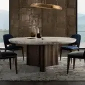 Luxury Laurameroni Infinity Table marble top white and grey veining fluted wooden pedestal finished deep matte brown