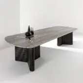 Luxury Laurameroni Infinity Air Table with marble tabletop finish, burnished brass Y‑shaped inlay, lacquered base, pedestal.