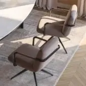 Premium CPRN Homood Barry armchair with matte black metal frame, muted taupe greige woven fabric, dark brown armrest inserts