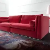 Elegant Erba Get Back sofa with red 100% cotton fabric upholstery and bright chrome steel feet