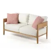 Elegant Braid Feeling sofa with teak frame, matte natural finish, off‑white textured upholstery, salmon‑pink pillows