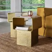 Exceptional Gervasoni Kira side table in luminous gold cast aluminum with hammered surface and open cubic form