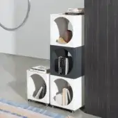 Exquisite B-Line Ring stackable side table crafted from white and dark grey painted steel with oak shelves plus circular openings