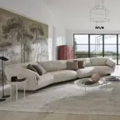 Sophisticated Gervasoni Club sectional with soft rounded proportions in light beige textile and refined ash wood feet