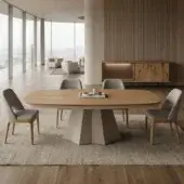 Exquisite Ozzio Italia Optimus extendable table with light natural wood top and taupe sculptural metal geometric pedestal