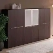 Luxury Codutti Genesis office bookcase cabinet in wengé wood with satin glass and vertical grain architectural character