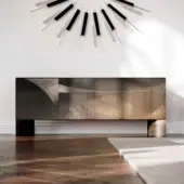 Exquisite Paolo Castelli Abstract sideboard in walnut-stained ash wood with hand-decorated brass sheets and glass top