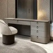 Elegant JR Home Kristen JR-210 vanity in asymmetrical taupe wood with matt lacquer plus Nickel Black Antique leather hardware