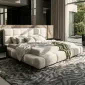 Sophisticated JR Home by John Richmond bed in off white textile with black matt finish support feet