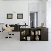 Superior 4 Mariani Blade desk crafted with wood and saddle leather in a dark finish with light accenting