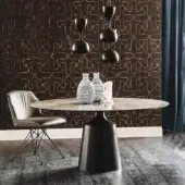 Elegant Cattelan Italia Yoda table with light grey ceramic and glossy marble-like patterning in dark grey embossed lacquered steel