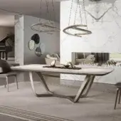 Refined Reflex Segno bevel wood table with marble glass top and brushed satin titanium metal base