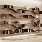 Exceptional Reflex Segno bookcase with curved wooden panels, integrated lighting, and a glossy warm beige finish