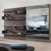 Elegant Reflex Segno bookcase with integrated lighting, a television space, and a matt Henné lacquered finish crafted in Supersilver mirror and marble-patterned surface
