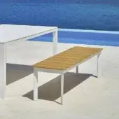 Refined Varaschin System bench with honey teak wood seat and matte white powder-coated aluminum frame