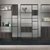 Distinguished Acerbis Outline bookcase with wood and dark matte metal, exhibiting a rectilinear form and textured grain finish
