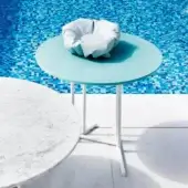Stylish Varaschin Belt coffee table with light blue HPL tabletop and white powder-coated steel base in matte finish