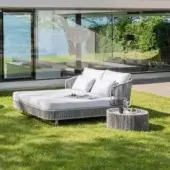 Refined Varaschin Tibidabo lounger with aluminum frame and manually woven Perla Rope in Silk Grey finish offers exceptional comfort with plush cushions