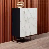 Exceptional Bonaldo Doppler K cupboard with lacquered wood, a metal base, matte black ceramic and glossy veined white ceramic doors