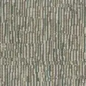 Woven fabric sample featuring vertical rectangular blocks in taupe, teal, gray, olive, and cream, with a textured, linear pattern.