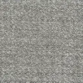 Woven fabric sample in muted gray tones with heathered texture, displaying irregular weave and matte finish; includes brand text.