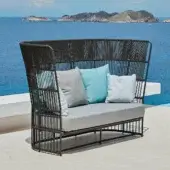 Distinguished Varaschin Tibidabo high sofa crafted with painted metal and hand-woven synthetic fiber in dark gray-brown with light gray cushions