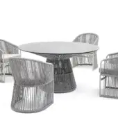 Distinctive Varaschin Tibidabo table crafted with Silk Grey aluminum and hand-woven Perla Rope with a transparent glass tabletop