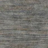 Woven fabric sample, muted gray and brown stripes, dense horizontal pattern with subtle blue, textured nubby surface for upholstery.