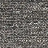 Woven fabric sample, muted gray and beige, speckled texture with horizontal and vertical threads, irregular knots, studio lighting.