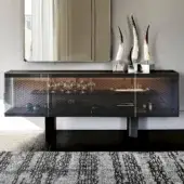 Elegant Cattelan Italia Boutique sideboard with black embossed steel, fumé glass, and black painted frosted glass finish
