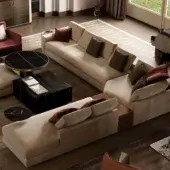 Refined Reflex Adone sectional with neutral beige textile upholstery and coupled fabric coating, accented with rust and charcoal gray cushions