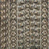 Moiré fabric sample, beige, brown, and blue tones, dense irregular weave with raised texture and non-repeating pattern.
