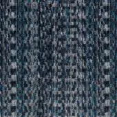 Moire fabric sample, navy blue and gray with turquoise accents, displaying a dense, textured, pixelated square and rectangle motif.