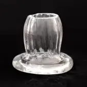 Crystal candlestick, ribbed glass, cylindrical shape with chipped rim on circular base, transparent design from Barovier&Toso collection.